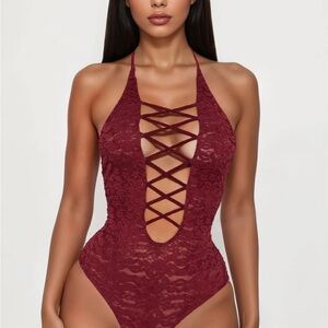 Burgundy Lace Halter Bodysuit NWOT